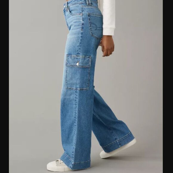 AE Stretch Super High-Waisted Cargo Baggy Wide-Leg Jean Size 16 - Picture 4 of 16
